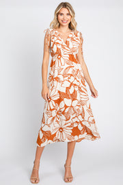 Rust Floral Shoulder Tie Midi Dress