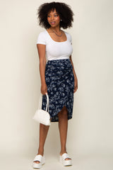 Navy Blue Floral Knot Front Hi-Low Wrap Midi Skirt