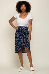 Navy Blue Floral Knot Front Hi-Low Wrap Midi Skirt