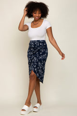 Navy Blue Floral Knot Front Hi-Low Wrap Midi Skirt