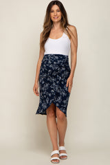 Navy Blue Floral Knot Front Hi-Low Maternity Wrap Midi Skirt