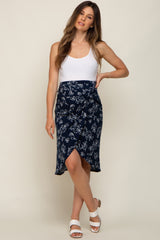 Navy Blue Floral Knot Front Hi-Low Maternity Wrap Midi Skirt