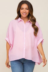 Pink Striped Button-Down Dolman Short Sleeve Maternity Top