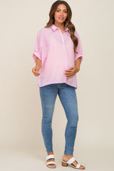 Pink Striped Button-Down Dolman Short Sleeve Maternity Top