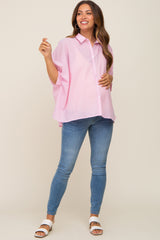 Pink Striped Button-Down Dolman Short Sleeve Maternity Top