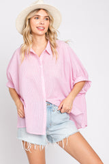 Pink Striped Button-Down Dolman Short Sleeve Maternity Top