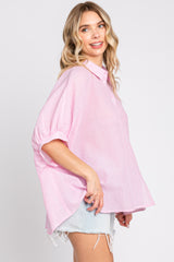 Pink Striped Button-Down Dolman Short Sleeve Top