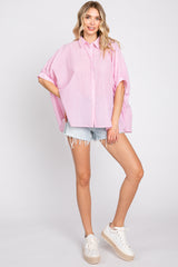 Pink Striped Button-Down Dolman Short Sleeve Top