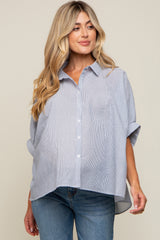 Navy Blue Striped Button-Down Dolman Short Sleeve Maternity Top