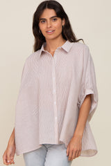 Taupe Striped Button-Down Dolman Short Sleeve Maternity Top