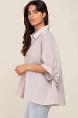 Taupe Striped Button-Down Dolman Short Sleeve Top