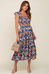 Royal Floral Sleeveless Ruffle Maternity Maxi Dress