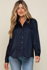 Navy Metallic Stripe Satin Maternity Long Sleeve Blouse