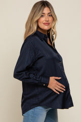 Navy Metallic Stripe Satin Maternity Long Sleeve Blouse