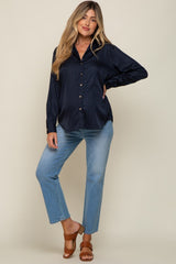 Navy Metallic Stripe Satin Maternity Long Sleeve Blouse