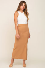 Beige Ribbed Side Slit Midi Skirt