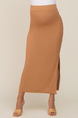 Beige Ribbed Side Slit Maternity Midi Skirt