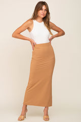 Beige Ribbed Side Slit Maternity Midi Skirt