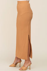 Beige Ribbed Side Slit Midi Skirt