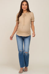 Beige Ruffle Accent Tie Front Maternity Blouse