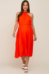 Orange Pleated Halter Maternity Midi Dress