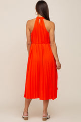 Orange Pleated Halter Maternity Midi Dress