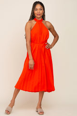 Orange Pleated Halter Midi Dress