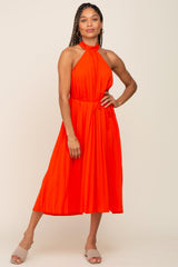 Orange Pleated Halter Midi Dress