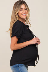 Black Ruffle Accent Tie Front Maternity Blouse