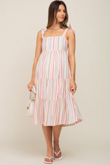 Pink Striped Shoulder Tie Tiered Maternity Midi Dress