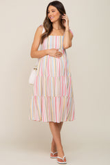 Pink Striped Shoulder Tie Tiered Maternity Midi Dress