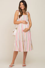 Pink Striped Shoulder Tie Tiered Maternity Midi Dress