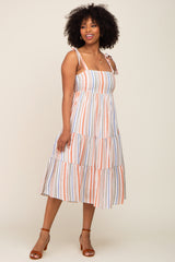 Rust Striped Shoulder Tie Tiered Maternity Midi Dress