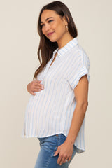 Blue Striped Collared Button Maternity Blouse