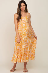 Yellow Floral Tiered Maternity Midi Dress