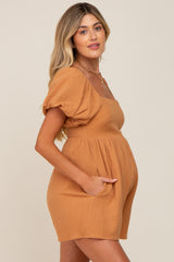 Camel Puff Sleeve Maternity Romper