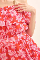 Pink Floral Off-Shoulder Flounce Ruffle Mini Dress