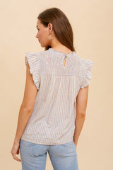 Dusty Blue Multi Stripe Ruffle Smocking Sleeveless Blouse