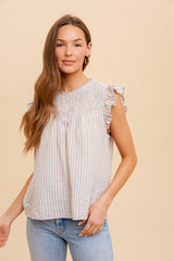 Dusty Blue Multi Stripe Ruffle Smocking Sleeveless Blouse