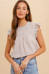 Taupe Multi Stripe Ruffle Smocking Sleeveless Blouse