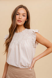 Taupe Multi Stripe Ruffle Smocking Sleeveless Blouse