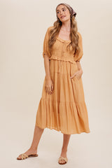 Mustard Ruffle Front Tie Tiered Maxi Dress