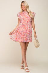 Coral Floral Chiffon Tiered Dress