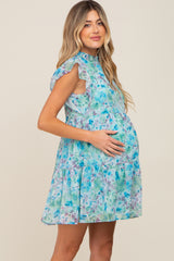 Blue Floral Chiffon Tiered Maternity Dress