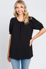 Black Puff Sleeve Smocked Accent Maternity Top