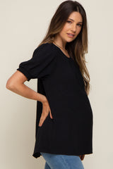 Black Puff Sleeve Smocked Accent Maternity Top