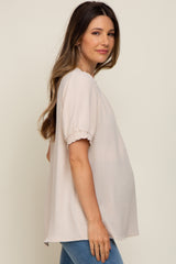 Beige Puff Sleeve Smocked Accent Maternity Top