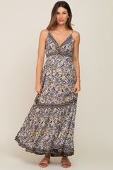 Black Floral Front Twist Sleeveless Maternity Maxi Dress