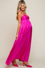 Fuchsia Sleeveless Front Twist Satin Maternity Maxi Dress