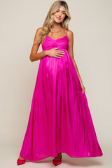 Fuchsia Sleeveless Front Twist Satin Maternity Maxi Dress